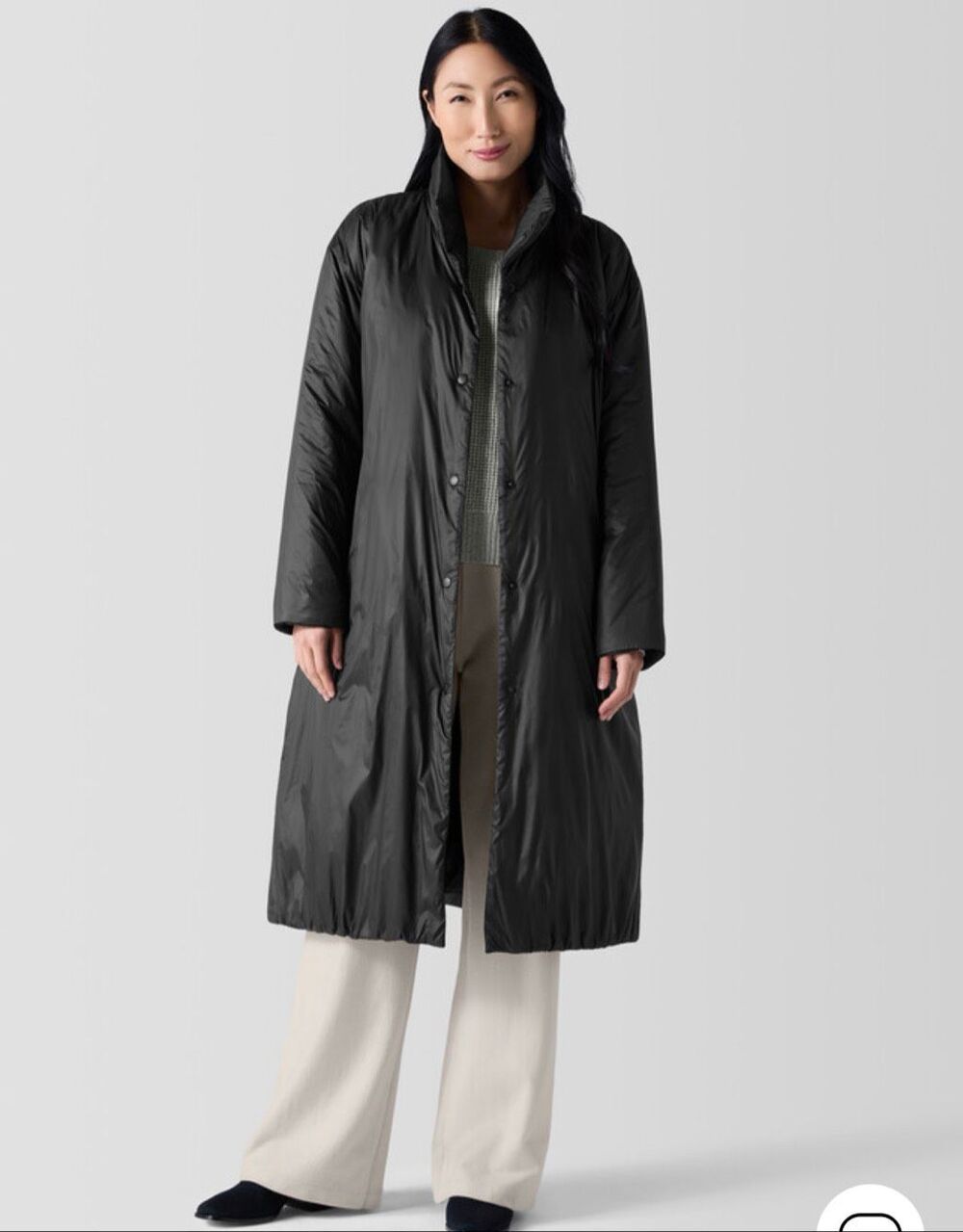 Eileen Fisher Long Down Puffer Coat Eggshell Gray Stand Collar Size L